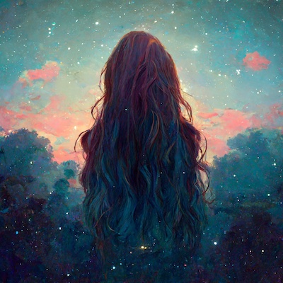 Stargazing girl with long hair.